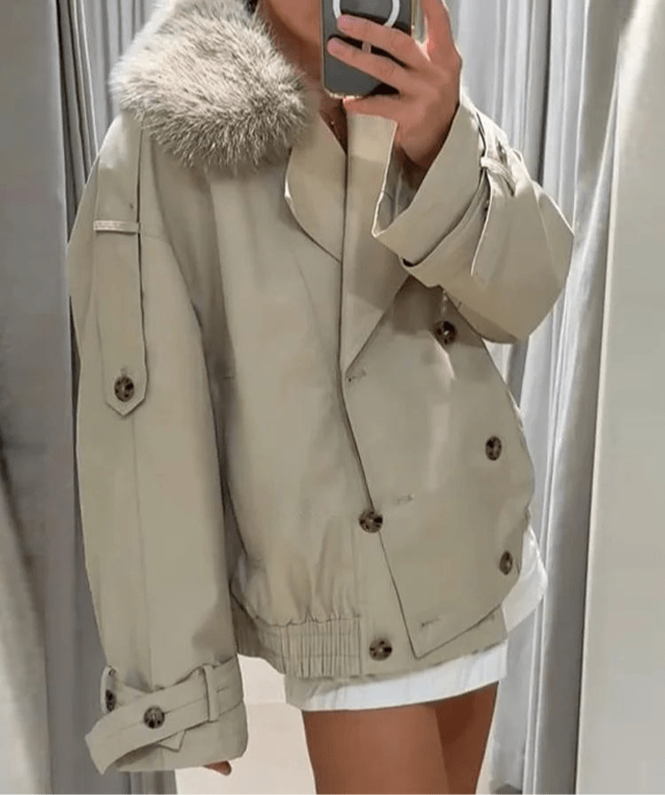 SEAME - Camille Trench Coat with removable Faux Fur Collar Creme XS