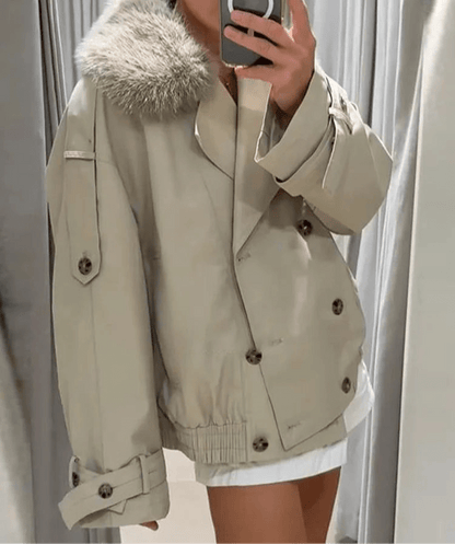 SEAME - Camille Trench Coat with removable Faux Fur Collar Creme XS