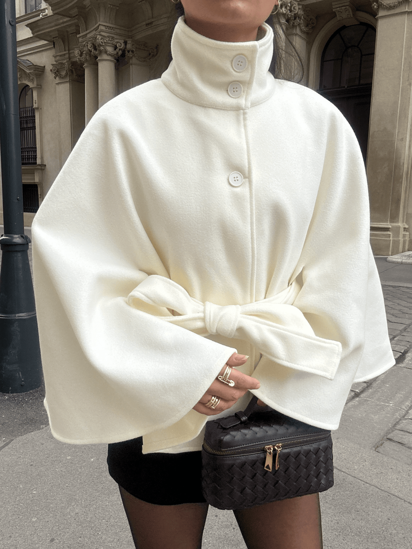 SEAME - Marianne High - Neck Belted Cape Jacket White S