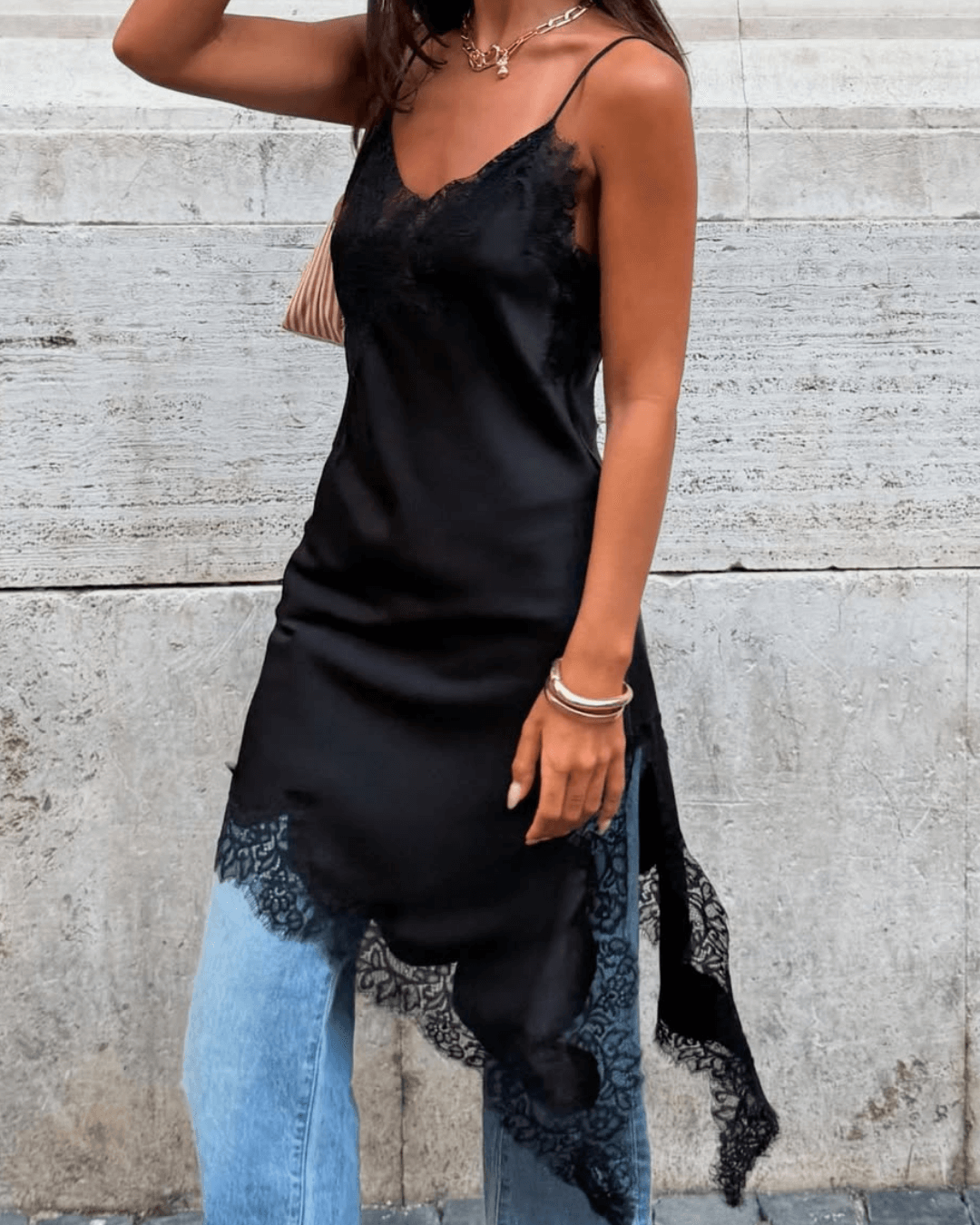 SEAME - Pia Asymmetric Satin Lace Cocktail Dress Black XS