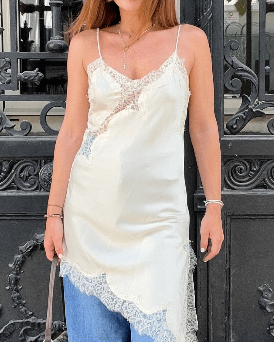 SEAME - Pia Asymmetric Satin Lace Cocktail Dress White XS