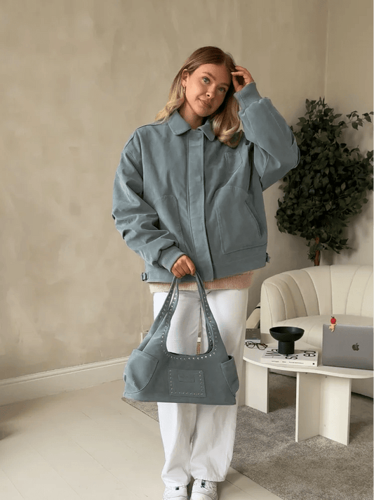 SEAME - Serrah Babyblue Suede Bomber Jacket Blue M